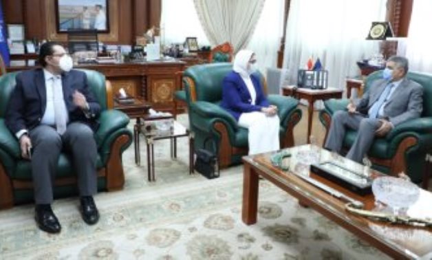 Minister of Health and Population Hala Zayed and Suez Canal Authority Osama Rabie in meeting on April 6, 2021. Press Photo  