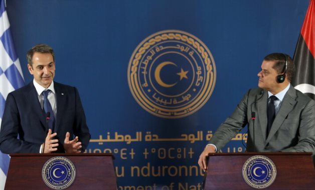 Greek Prime Minister Kyriakos Mitsotakis (l) and Libyan Interim Prime Minister Abdullah AlDabaiba in press conference on April 6, 2021. REUTERS/Hazem Ahmed