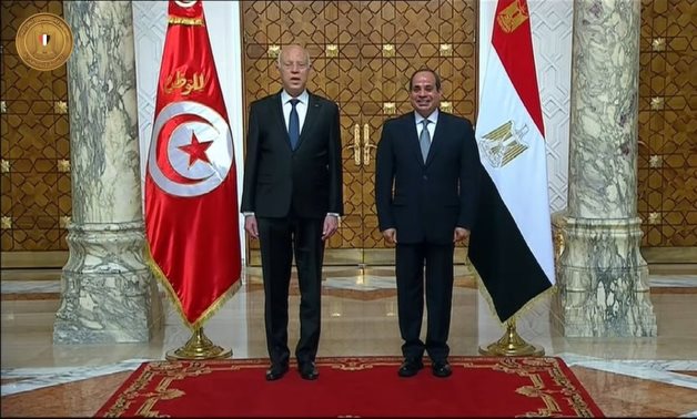 File- Egyptian President Abdel Fattah el-Sisi and Tunisian President Kais Saeid in their conference April 10, 2021 - Youtube still