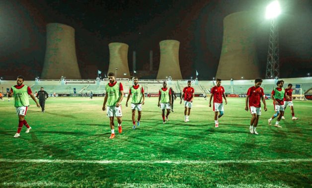 File- Al Ahly players warm up at El Mahalla Stadium, courtesy of Al Ahly Twitter