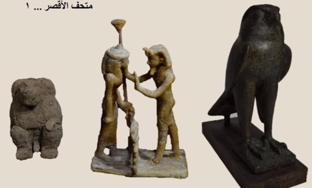 File: 3 pieces in one image won, illustrating the stages of metal casting in ancient Egypt and showing the God "Horus" made of bronze, God "Maat" made of beeswax, and God "Gahoty" made of clay.