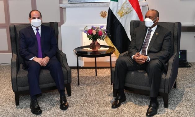 President Abdel Fatah al-Sisi and Chairman of the Sudanese Sovereign Council Abdel Fatah al-Burhan in a meeting in Paris on May 16, 2021. Press Photo 