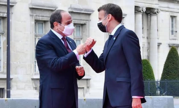 French President Emanuel Macron and Egyptian President Abdel Fatah al-Sisi in Paris on May 17, 2021. Press Photo 