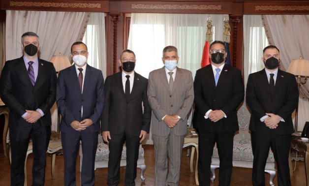 Meeting of Suez Canal Authority Chairman Osama Rabie, Panamiam Ambassador to Cairo Alejandro Gantes, and accompanying delegation on May 25, 2021 in Ismailiyah, Egypt. Press Photo   
