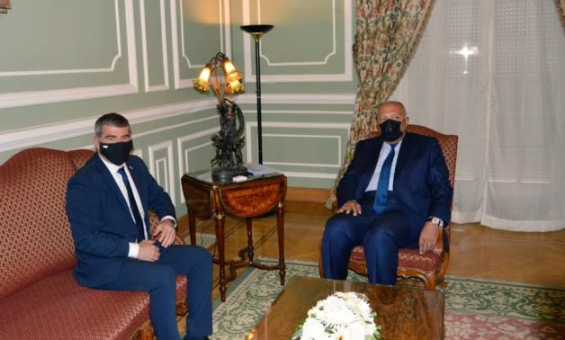 Minister of Foreign Affairs Sameh Shokry and Israeli counterpart Gabi Ashkenazi in Cairo, Egypt on May 30, 2021. Press Photo 