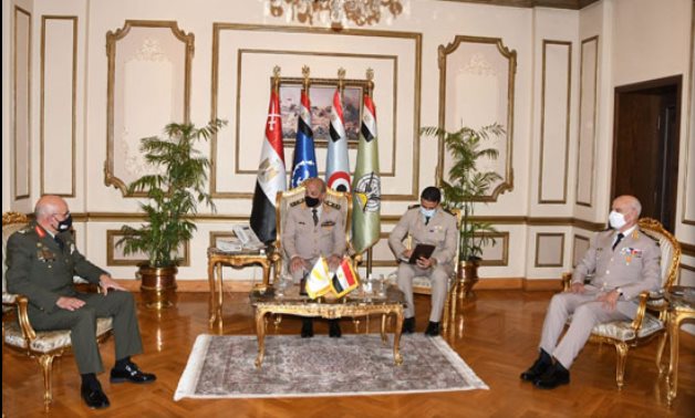 Chief of the Cypriot National Guard Demokritos Zervakis (r) in meeting with Minister of Defense Mohamed Zaki (middle) and Chief of Staff Mohamed Farid in Cairo on June 6, 2021. Press Photo 
