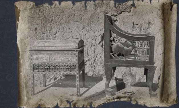 A rare photograph of a chair and a jewel casket belonging to Yuya and Thuya, photographed outside their tomb shortly after its discovery.