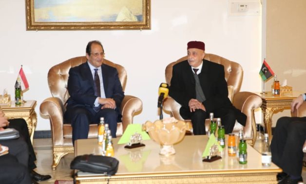 File- FILE-  Head of the Egyptian General Intelligence Service (GIS) Abbas Kamel meets with Libyan Parliament Speaker Aguila in December 2020- press photo
