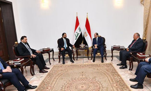 Abdel Fatah al-Sisi during his meeting with Iraqi Parliament Speaker Mohammad al-Halbousi as part of his current visit to Iraq.