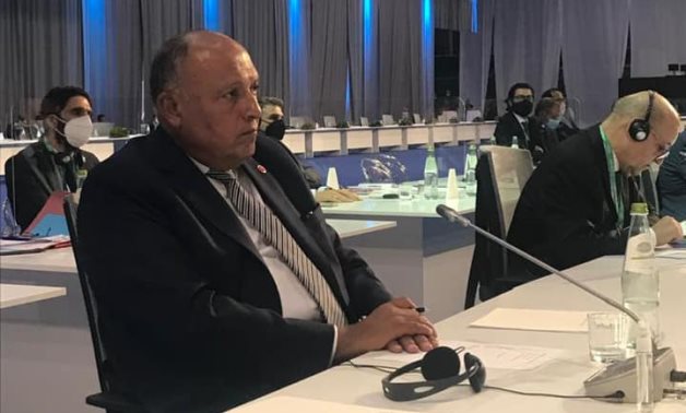 Egyptian Foreign Minister Sameh Shoukry takes part in a ministerial meeting on Syria in Rome on Monday - Egyptian Foreign Ministry
