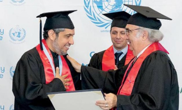 Leader of the Muslim World League Dr. Mohammad Al-Issa receives his honorary doctorate from the UN - SPA