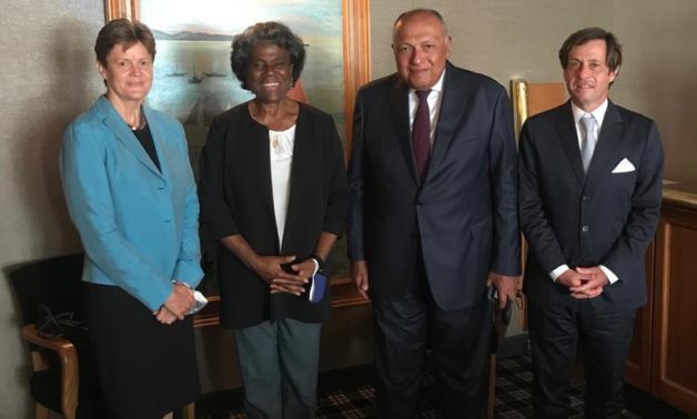 Minister of Foreign Affairs Sameh Shokry posing with UN ambassadors of United States, United Kingdom, and France on June 6, 2021 in New York. Press Photo 