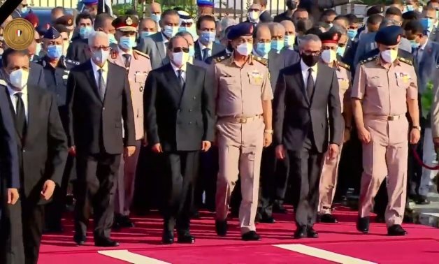 Egypt’s President Abdel Fattah El-Sisi attends the funeral of Gehan El-Sadat at the Unknown Soldier Memorial – Presidency/screenshot 