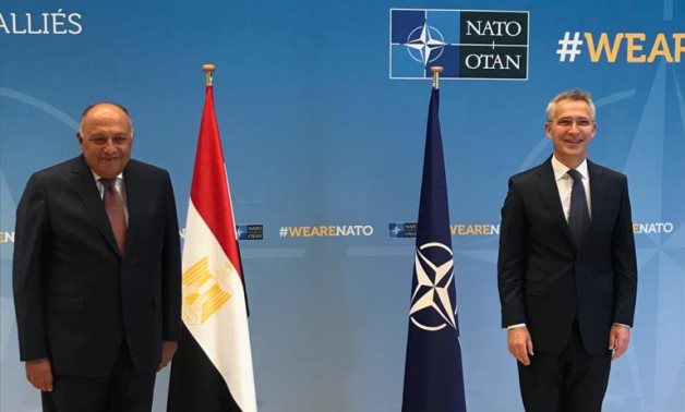 Minister of Foreign Affairs Sameh Shokry and NATO Secretary General Jens Stoltenberg in the organization's headquarters in the Belgium capital, Brussels on July 12, 2021. Press Photo
