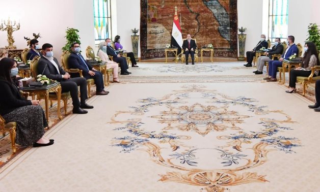 President Abdel Fatah al-Sisi receiving a delegation of Greek and Cypriot youths of Egyptian origin within the "Reviving Roots" presidential initiative in Cairo on July 13, 2021. 