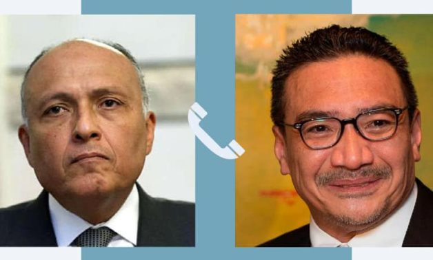 Egyptian Foreign Minister Sameh Shoukry and his Malaysian counterpart, Hishammuddin Hussein – Egyptian Foreign Ministry