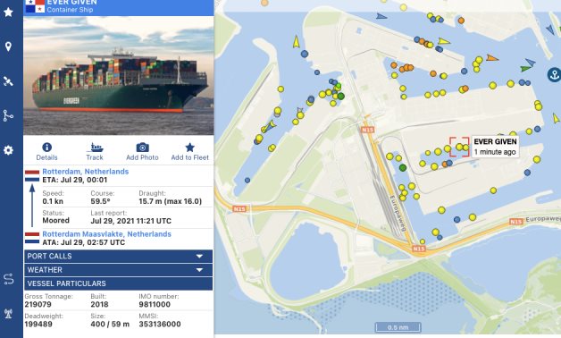 Vessel Finder shows the arrival of Ever Given at Rotterdam port- screenshot