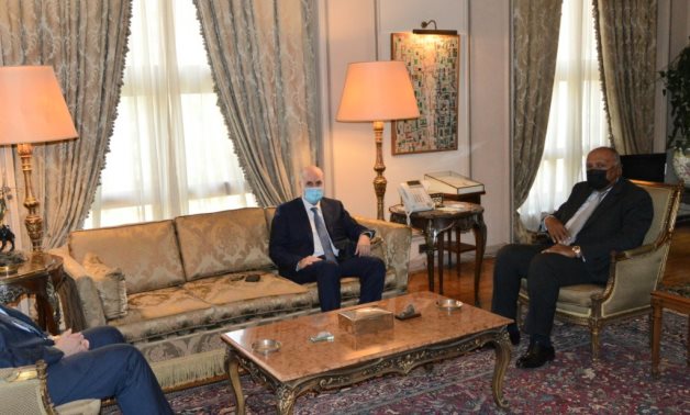 Egyptian Foreign Minister Sameh Shoukry meets with Mahmoud Al-Habbash, the Palestinian Chief Justice, and the Palestinian President's advisor for Religious Affairs and Islamic Relations.
