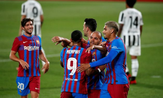 Barcelona's Martin Braithwaite celebrates scoring their second goal with Memphis Depay, Ronald Araujo and team mates REUTERS