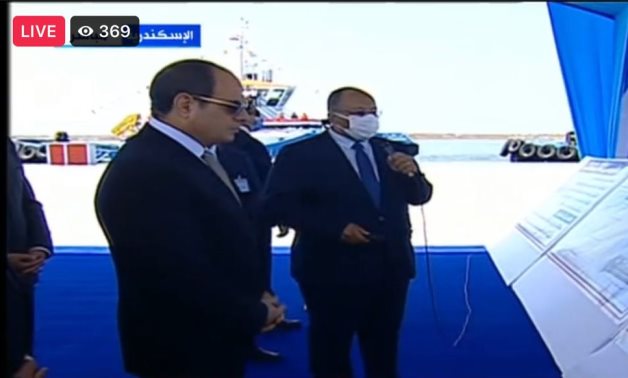 President Abdel Fatah al-Sisi attending a briefing in Alexandria on the ongoing work to develop the infrastructure and operation system at seaports. September 7, 2021. TV screenshot