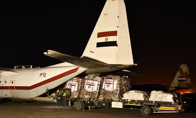 Humanitarian aid offered by Egypt to Sudan getting loaded on cargo aircraft on September 6, 2021. Press Photo 