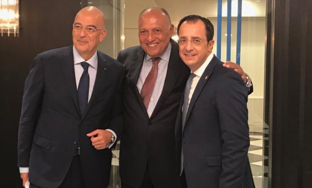 File- Egyptian Foreign Minister Sameh Shoukry met with the Cypriot and Greek counterparts Nikos Christodoulides and Nikos Dendias, respectively- press photo