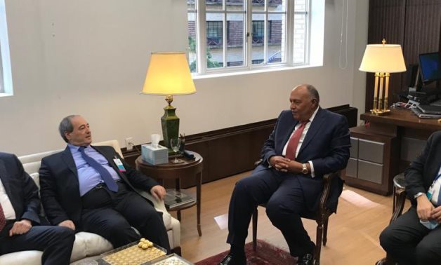 Egyptian Foreign Minister Sameh Shoukry met with his Syrian counterpart Faisal Miqdad, on the sidelines of the UNGA 76 meetings in New York City on September 24, 2021- press photo