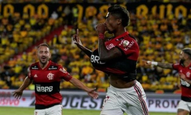  Bruno Henrique celebrates after scoring against Ecuador s Barcelona to help fire the Brazilians into the Copa Libertadores final on Wednesday (AFP)