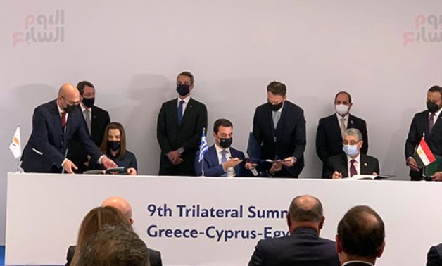 Signing of electricity linkage MoUs among Egypt, Greece, and Cyprus in Athens during ninth Tripartite Summit on October 19, 2021. Press Photo 