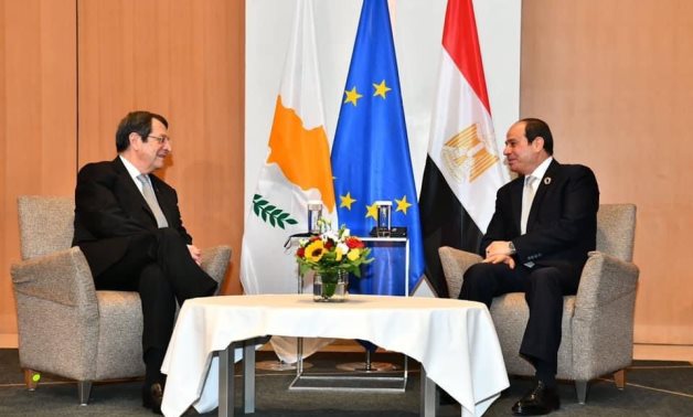 President Abdel Fatah al-Sisi and his Cypriot counterpart Nicos Anastasiades on the sidelines of the 9th Tripartite Summit in Athens on October 19, 2021. Press Photo
