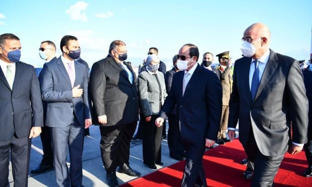 President Abdel Fatah al-Sisi upon arrival in Athens to take part in 9th Tripartite Summit with chiefs of state of Greece and Cyprus on October 19, 2021. Press Photo