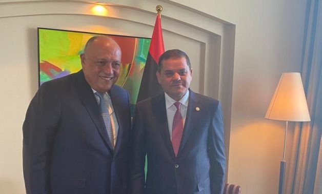 Prime Minister of the Libyan Government of National Unity (GNA) (l) and Minister of Foreign Affairs Sameh Shokry in Tripoli, Libya on October 21, 2021. Press Photo