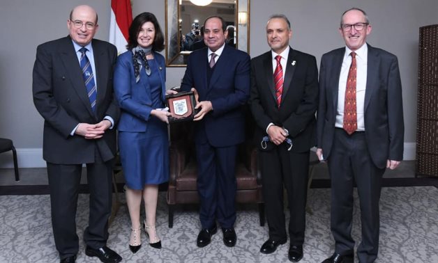 President Abdel Fatah al-Sisi and President of Royal College of Physicians and Surgeons of Glasgow Jackie Taylor in UK on November 1, 2021. Press Photo