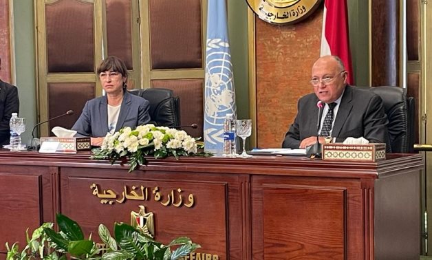 Egyptian Ministry of Foreign Affairs Sameh Shoukry and the United Nations Coordinator to Egypt Elena Panova launch the Joint Platform for Migrants and Refugees - press photo
