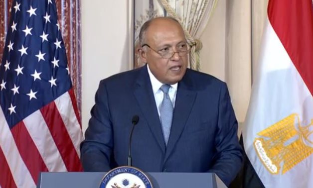 Egypt's Foreign Minister Sameh Shoukry speaks in a press conference with US Secretary of State Antony Blinken ahead of the Egypt-US strategic dialogue. Department of State/screenshot