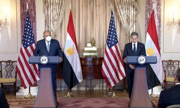 Egypt's Foreign Minister Sameh Shoukry holds a press conference with US Secretary of State Antony Blinken on Monday. Department of State