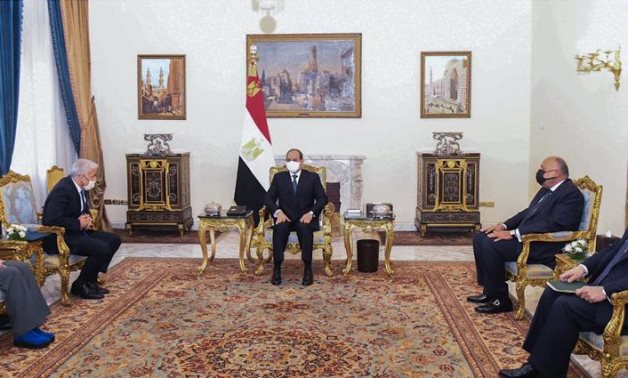 President Abdel Fattah El Sisi meets with Israeli Foreign Minister Yair Lapid and his accompanying delegation in Cairo- press photo