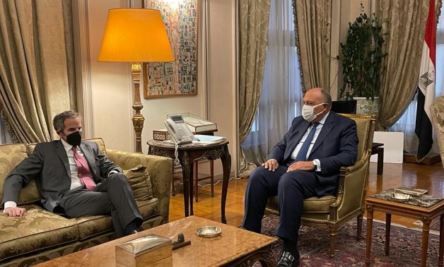 Minister of Foreign Affairs Sameh Shokry and Director-General of the International Atomic Energy Agency (IAEA) Rafael Grossi in Cairo, Egypt on December 16, 2021. Press Photo