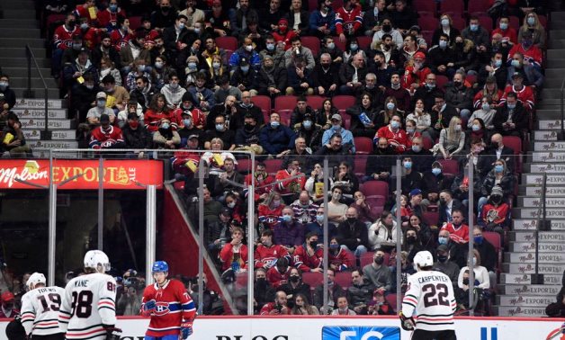 A general view of fans in the stands during the second period of the game between the Chicago Blackhawks and Montreal Canadiens at the Bell Centre. Mandatory Credit: Eric Bolte-USA TODAY Sports