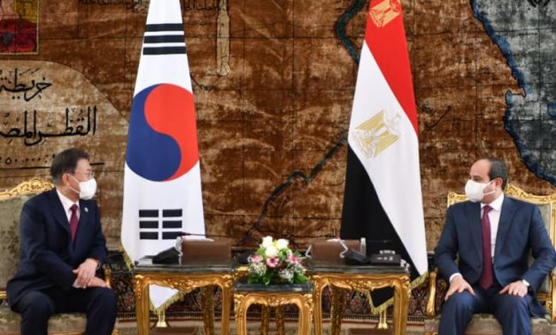 File- President Abdel Fattah El Sisi and his South Korean counterpart Moon Jae-in hold a bilateral meeting at the Presidential Palace in Cairo on Thursday, January 20, 2022 - Press photo