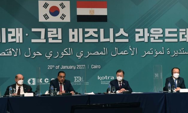 South Korean President Moon Jae-in and Prime Minister Mostafa Madbouli at the South Korean-Egyptian Roundtable for Green Industries held in Cairo, Egypt on January 20, 2022. Press Photo