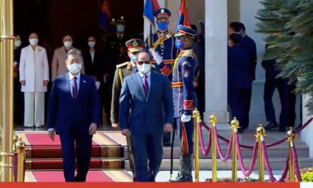 President Abdel Fattah El-Sisi has just received South Korean President Moon Jae-in at the Egyptian Presidential Palace, Al-Ittihadiya- a screenshot from a video on Extra News channel