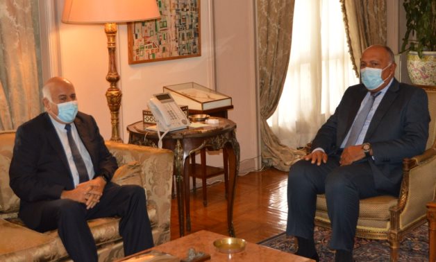 File- Egyptian Foreign Minister Sameh Shoukry meets with Major General Jibril Rajoub, the secretary-general of Fatah's Central Committee in September 2020- press photo