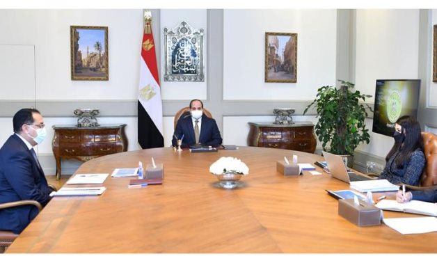 President Abdel Fattah El Sisi meets with Prime Minister Mostafa Madbouly and Minister of International Cooperation, Rania Al-Masha- press photo