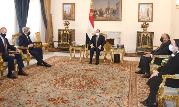 President Abdel Fatah al-Sisi and U.S. Special Presidential Envoy for Climate John Kerry in a meeting in Cairo's Al Itihadiyah presidential palace on February 21, 2022. Press Photo