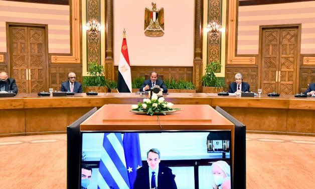 President Abdel Fattah el-Sisi and his Greek counterpart Kyriakos Mitsotakis during a video conference March 3, 2022 - Egyptian presidential spox on Facebook
