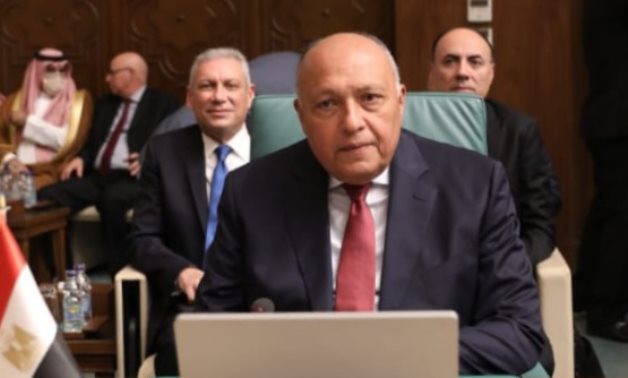 File- Egyptian Foreign Minister Sameh Shoukry gives a speech at the 157th meeting of the Arab League Council on the foreign ministerial level on Wednesday- press photo