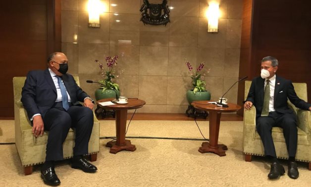 Minister of Foreign Affairs Sameh Shokry and his Singaporean counterpart Vivian Balakrishnan. March 17, 2022. Press Photo 