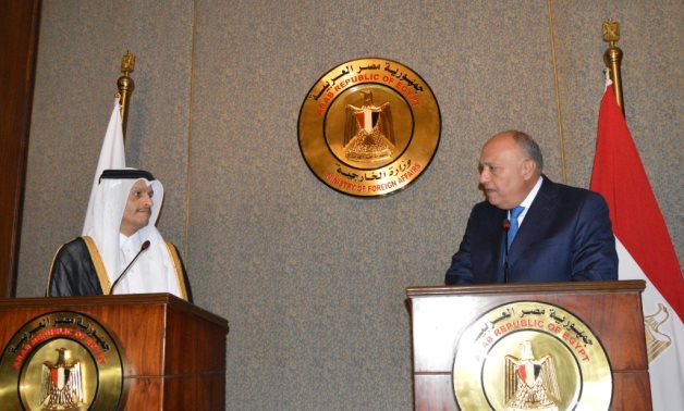 Egyptian Foreign Minister Sameh Shoukry meets his Qatari counterpart Sheikh Mohammed bin Abdulrahman Al Thani in a press conference on Monday, March 28, 2022- press photo