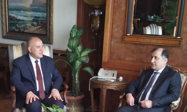 Meeting of Minister of Irrigation and Water Resources Mohamed Abdel Aty and Tajikistan Ambassador to Cairo Darab al-Din Qassemy on April 10, 2022. Press Photo